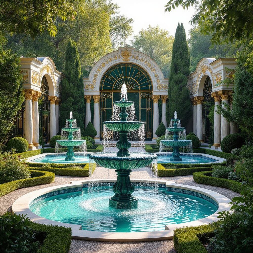 Art Deco Garden with Nouveau Motifs and Fountains