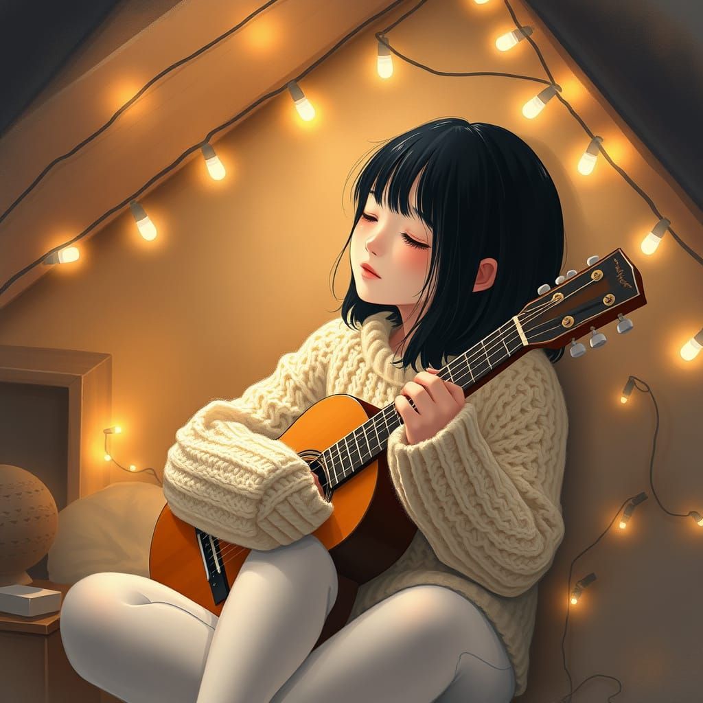 Fair-Skinned Asian Girl in Whimsical Attic Scene