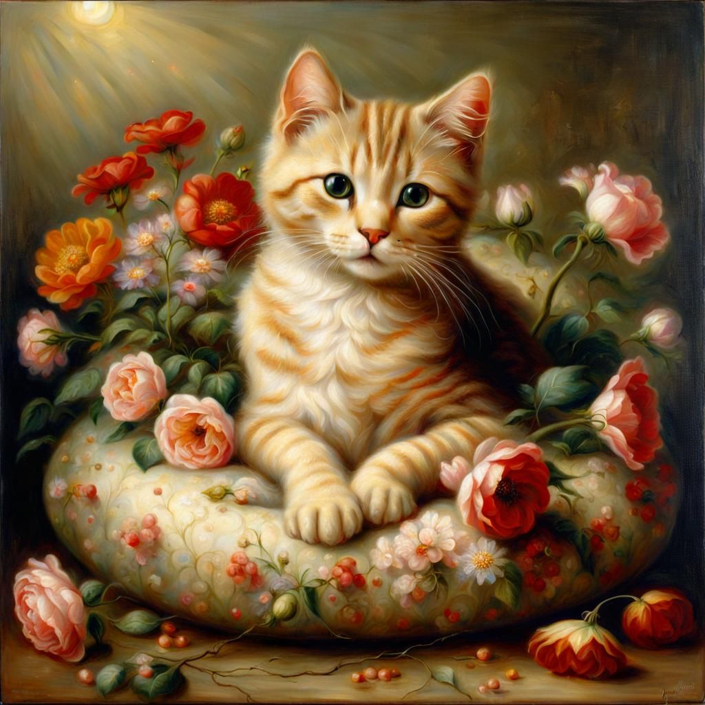 Charming Cat with Flowers, Realistic Digital Art
