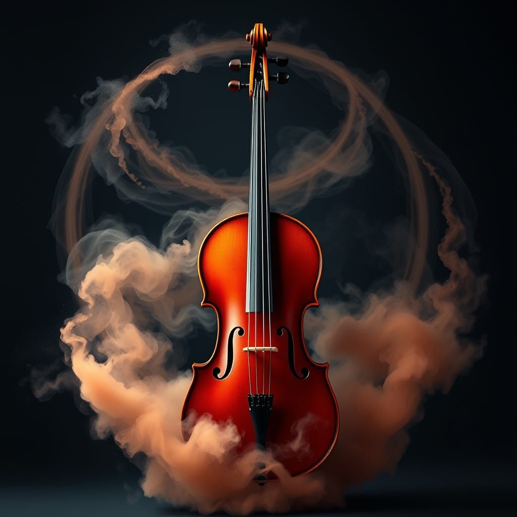 Cello Surrounded by Dust Rings in Minimalist Style
