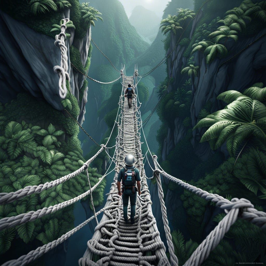 Explorer on Rickety Jungle Rope Bridge