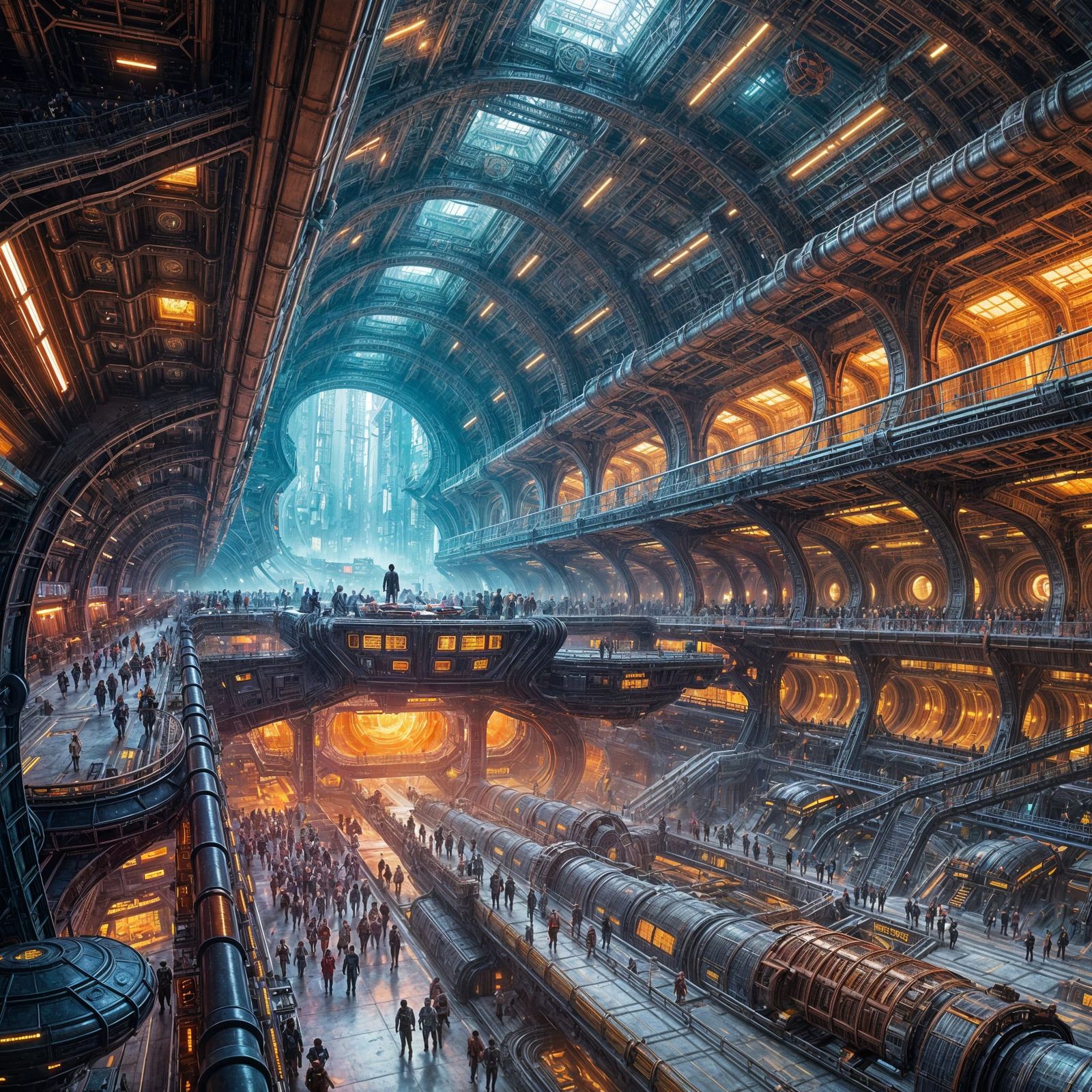 Vibrant Dystopian Spaceship Interior with Futuristic Workers