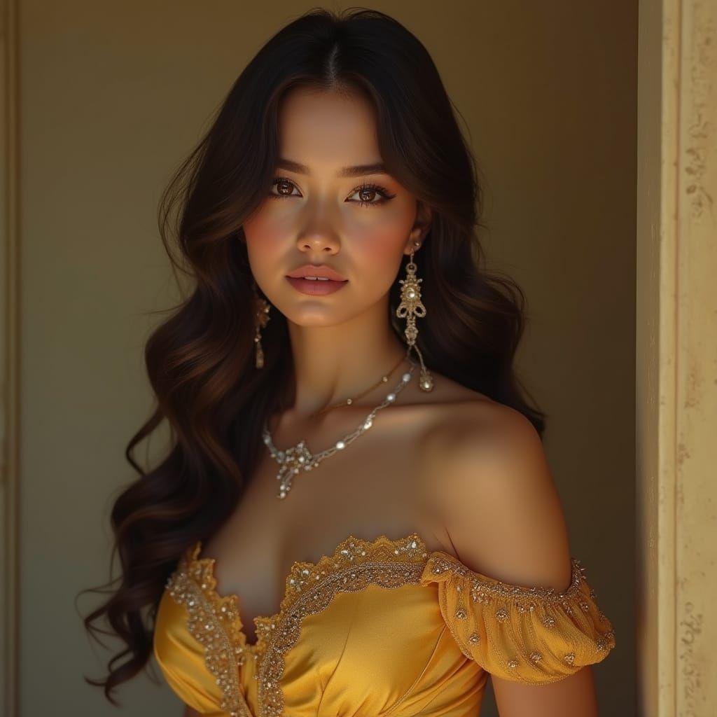 Uma linda mulher de 18 anos de beleza sofisticada e aura elegante é retratada em um cenário minimalista com tons dourado...