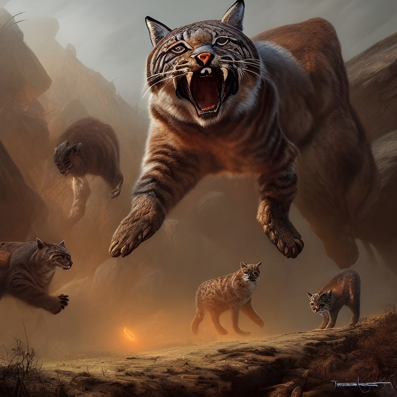 Bobcats and Grizzly Bear Battle: Digital Art Masterpiece