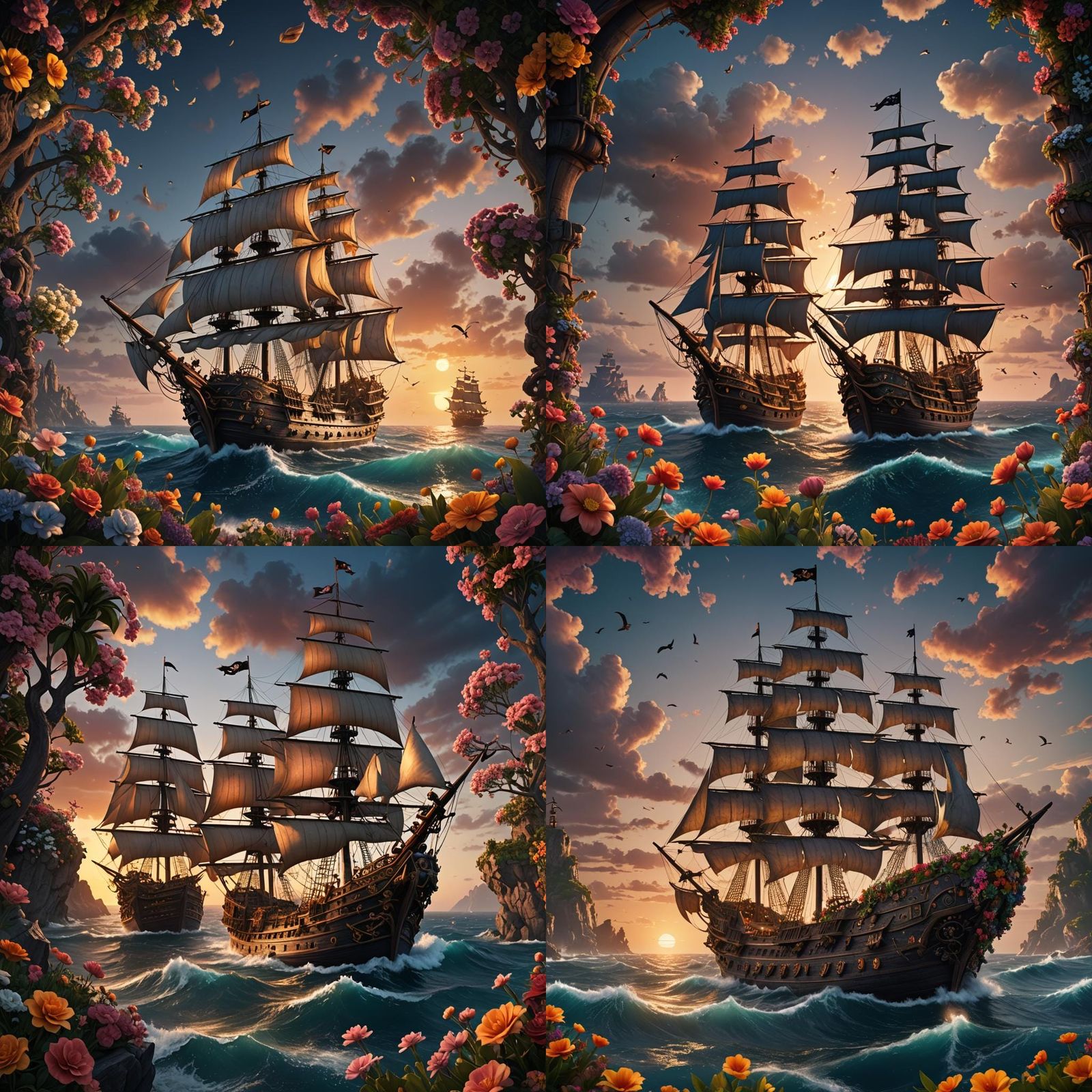 Pirate Ship with Flower Sails at Sunset