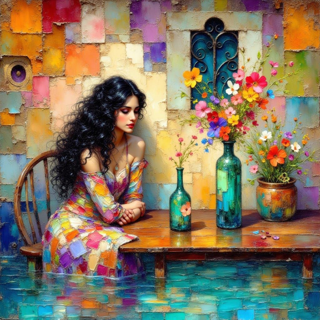 Mediterranean Courtyard in Naive Art Style