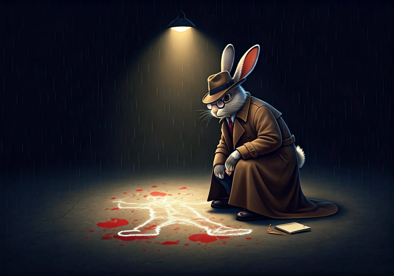 Film Noir Rabbit Detective Investigates a Crime Scene