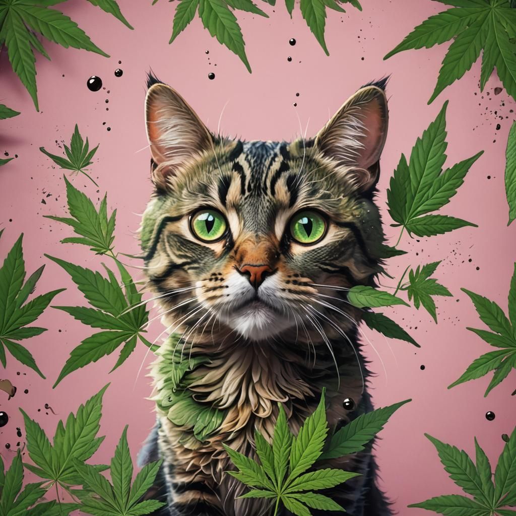 Hyperrealistic Cat with Googly Eyes and Cannabis Leaf