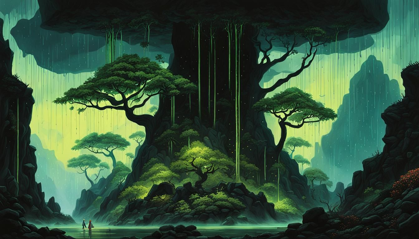Neon-Noir Trees Raining Beansprouts Cel Art