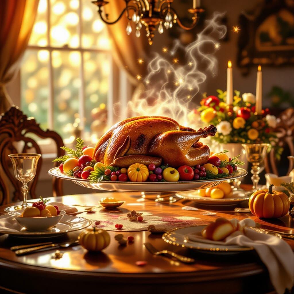 Magical Levitating Thanksgiving Feast in Photorealistic Deta...