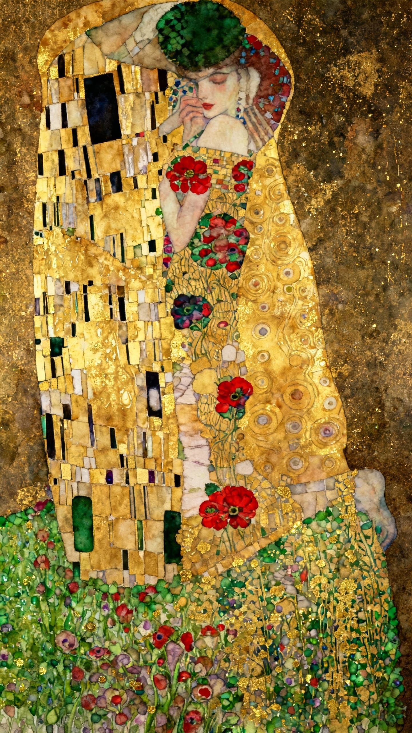 Dreamy Pathway Amidst Klimt-Inspired Floral Gold Mosaic