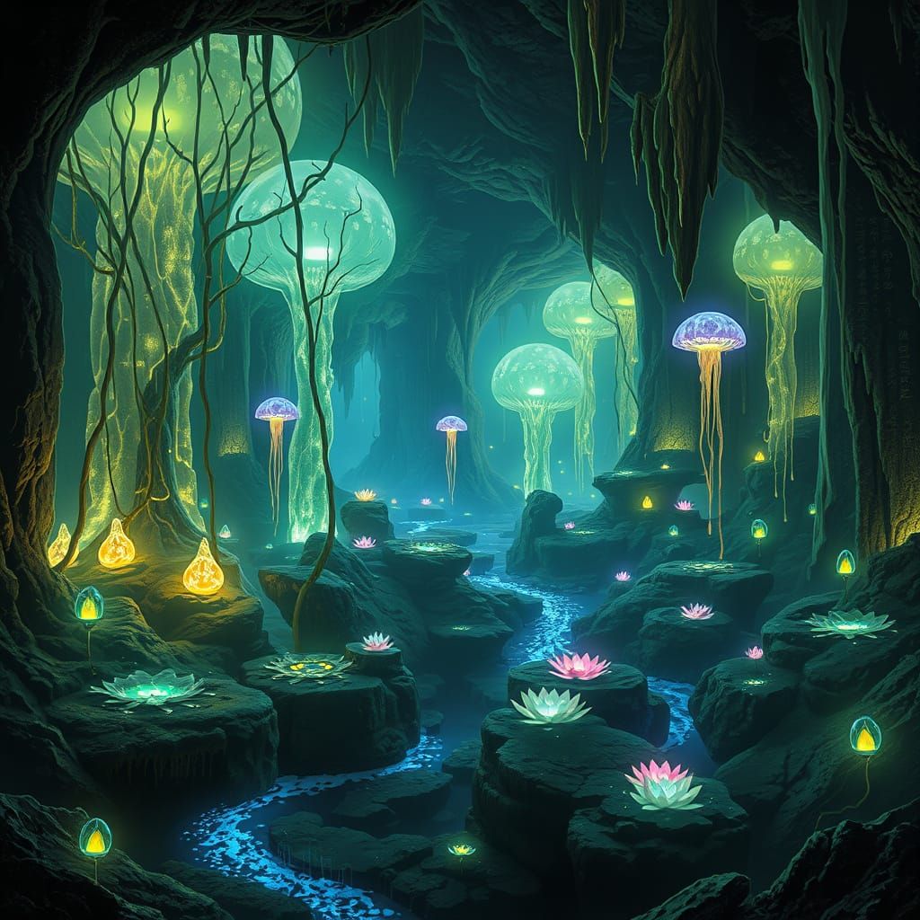 Glowing Crystal Trees in Subterranean Garden