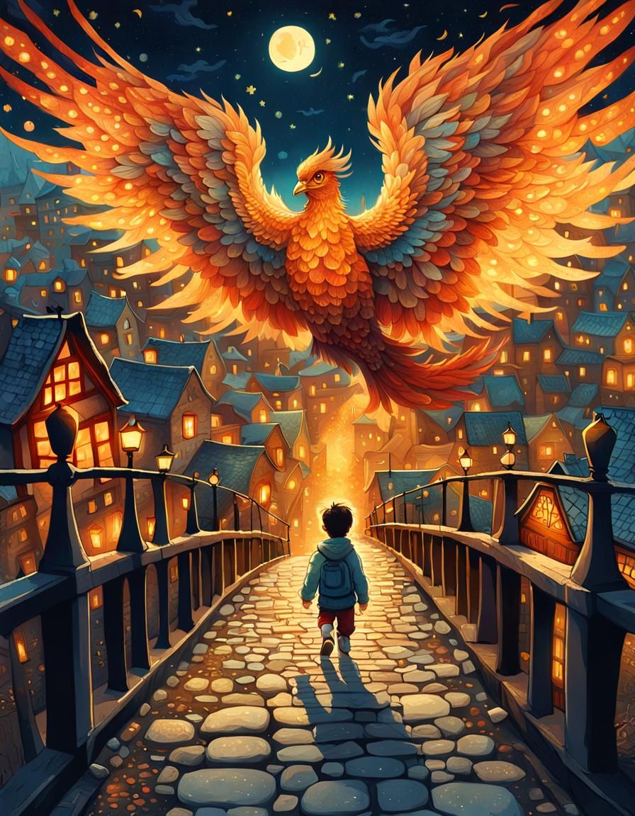 Dreamy Village Night Scene with Boy and Phoenix