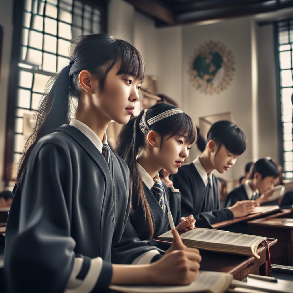 Chinese Students Singing in Classroom: Hyperrealistic Detail