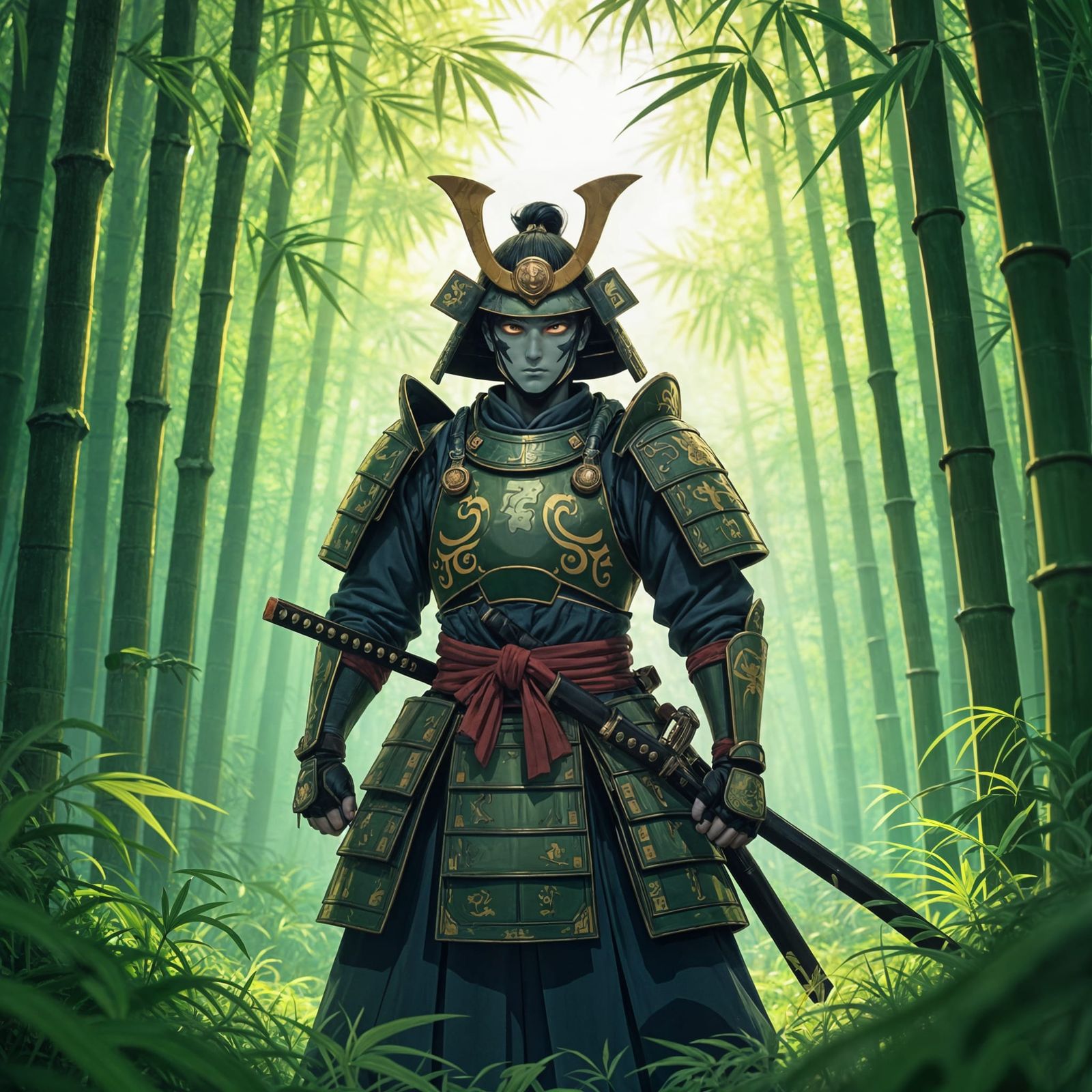Jade Samurai in Bamboo Forest, Cel-Shaded Anime Art