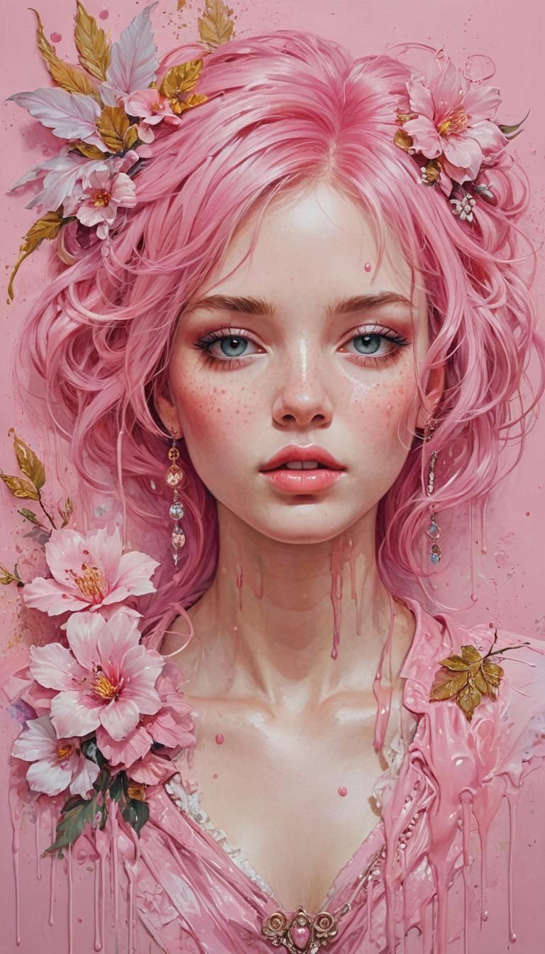 Fantasy Girl with Pink Hair in Dripping Paint Style