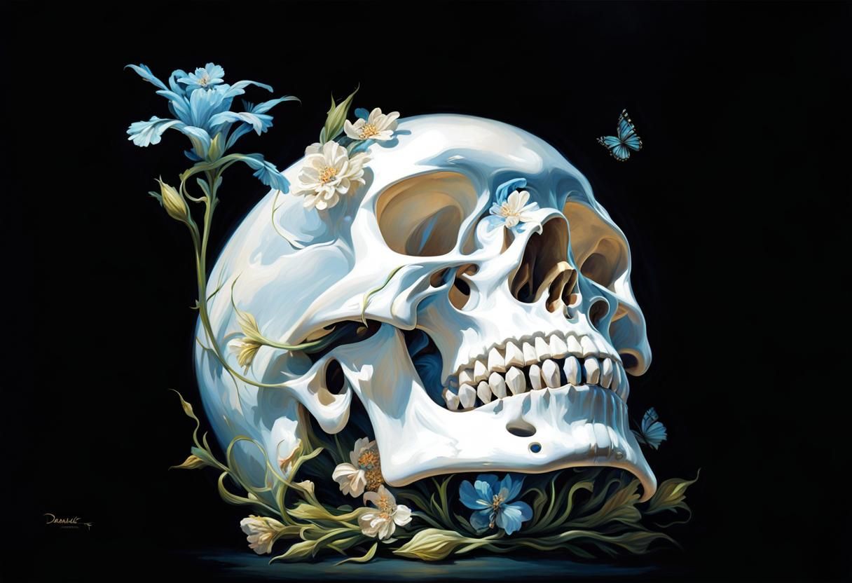 Hyperrealistic Skull with Flowers and Butterflies