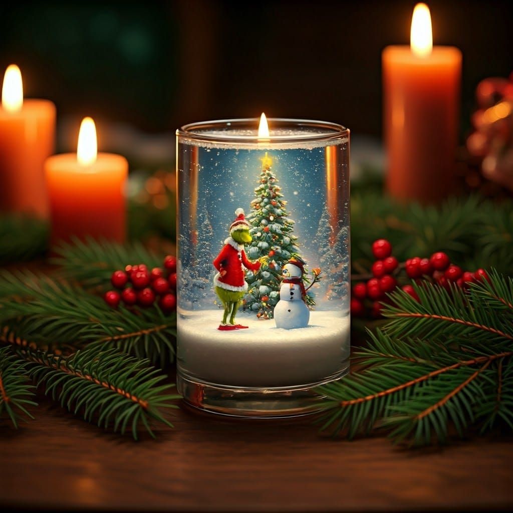Christmas Gel Candle with Grinch in Kinkade Style