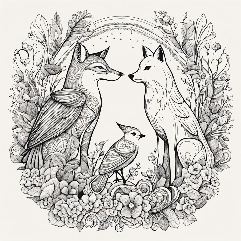 Whimsical Bird and Fox Line Art Drawing