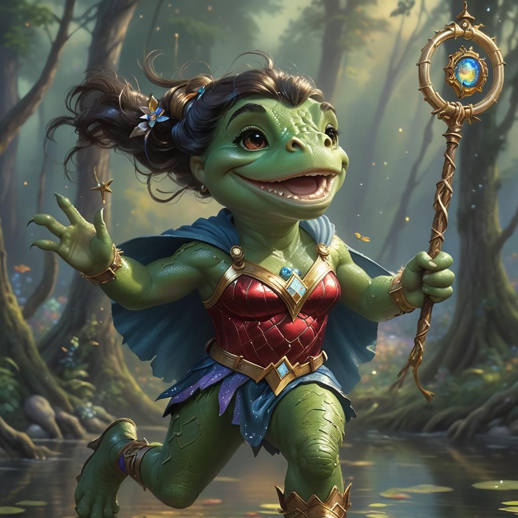 frog dressed as wonder woman with tongue, holding lasso chas...