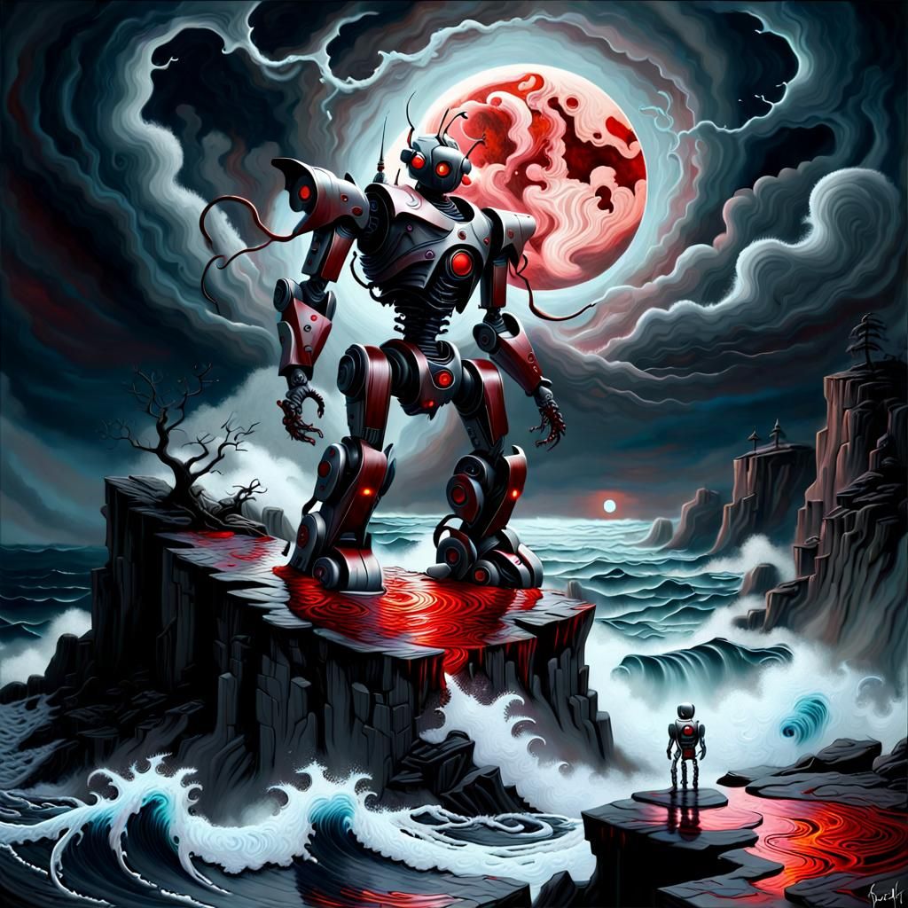 Futuristic Robot Overlooking Turbulent Water in Airbrush Fan...