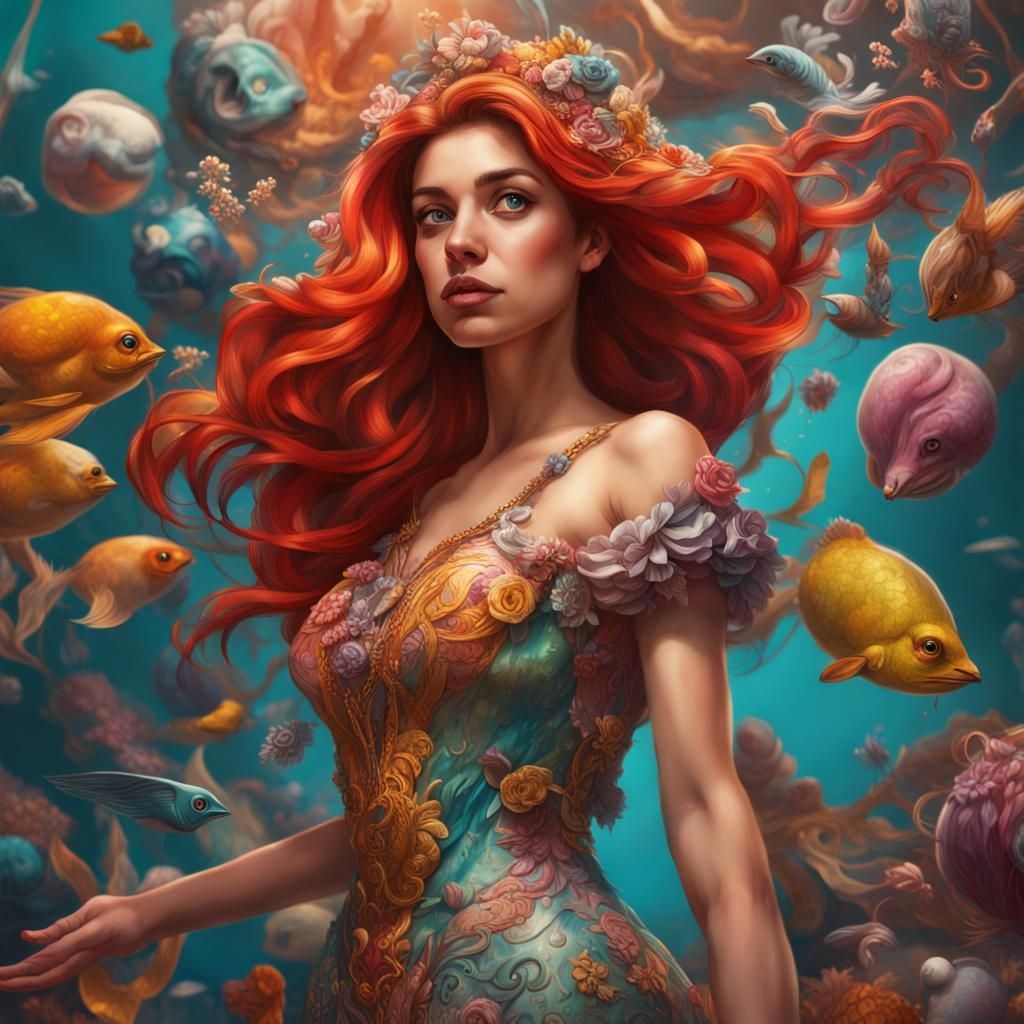 Ariel in Maximalist Dress: Hyperrealistic Splash Art