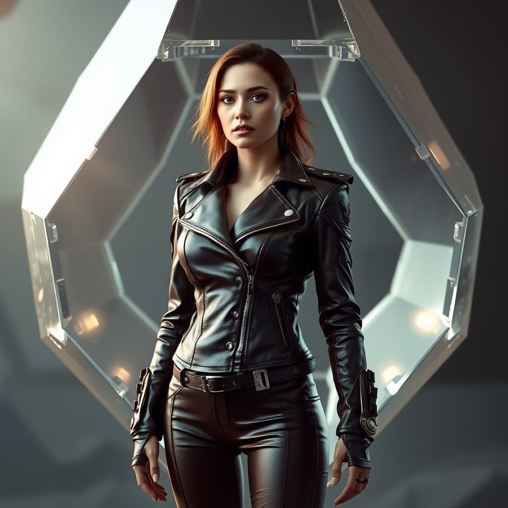 Ethereal Woman in Dark Brown Leather within Crystal Octahedr...