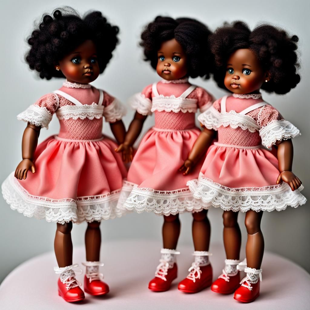Twin African American Dolls in Red Frilly Dresses