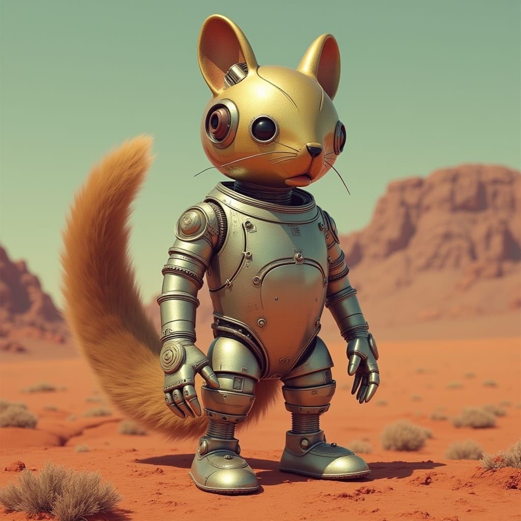 Robotic Squirrel on Mars in Retro-Futuristic Style