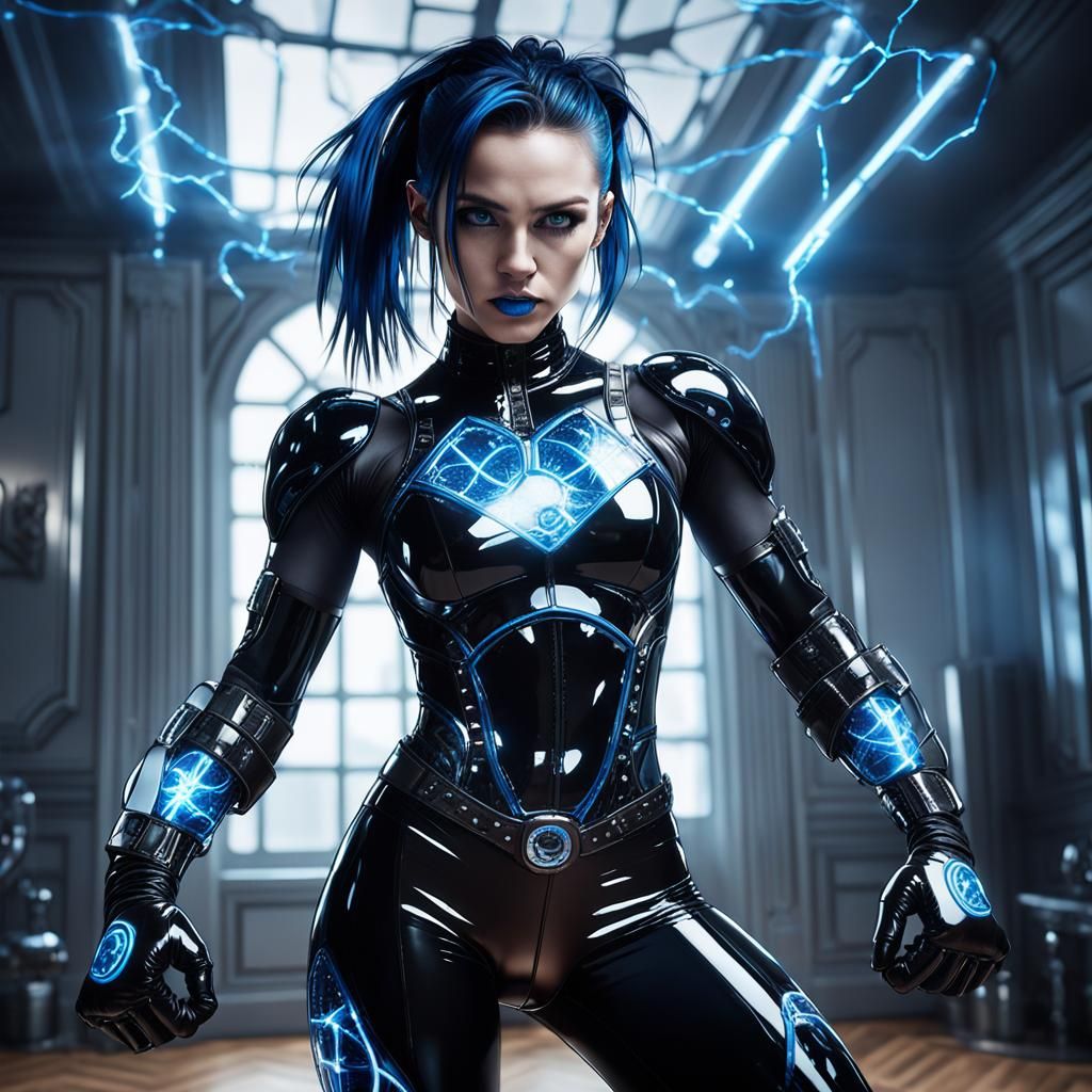 Electric Punk Woman in Anime Style Bedroom