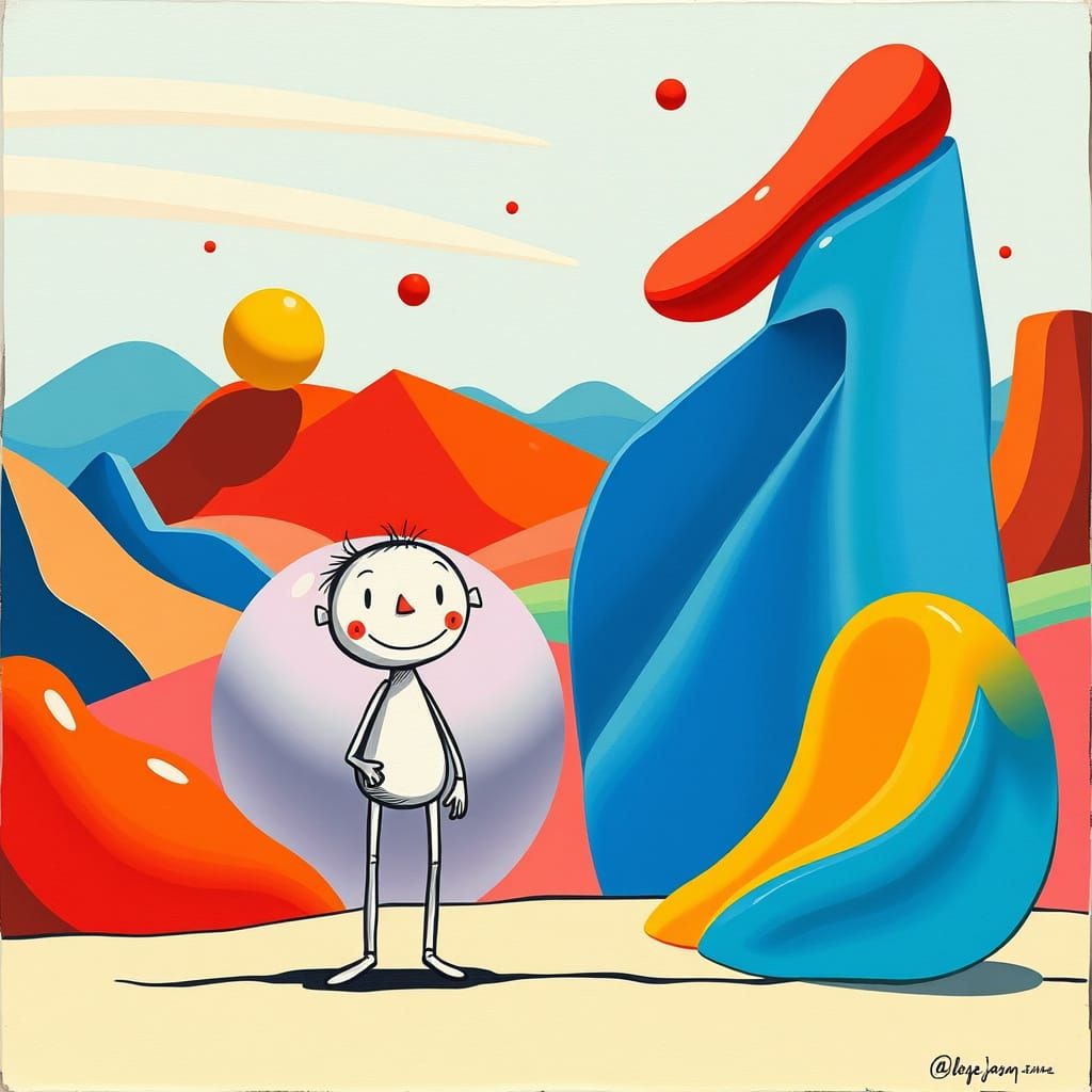 Whimsical Character Beside Sculpted Forms in Playful Surreal...