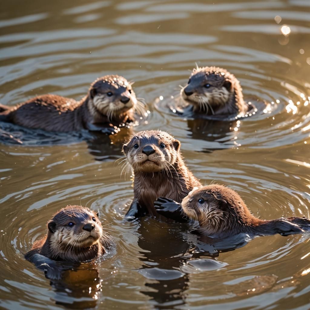 Playful Baby Otters in Glistening Water
