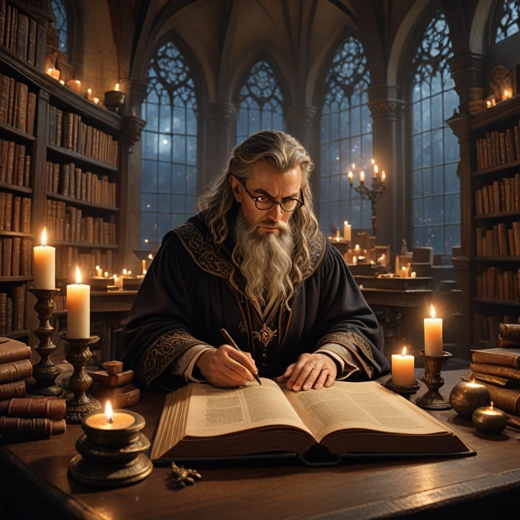 Mystical Wizard in Ancient Library