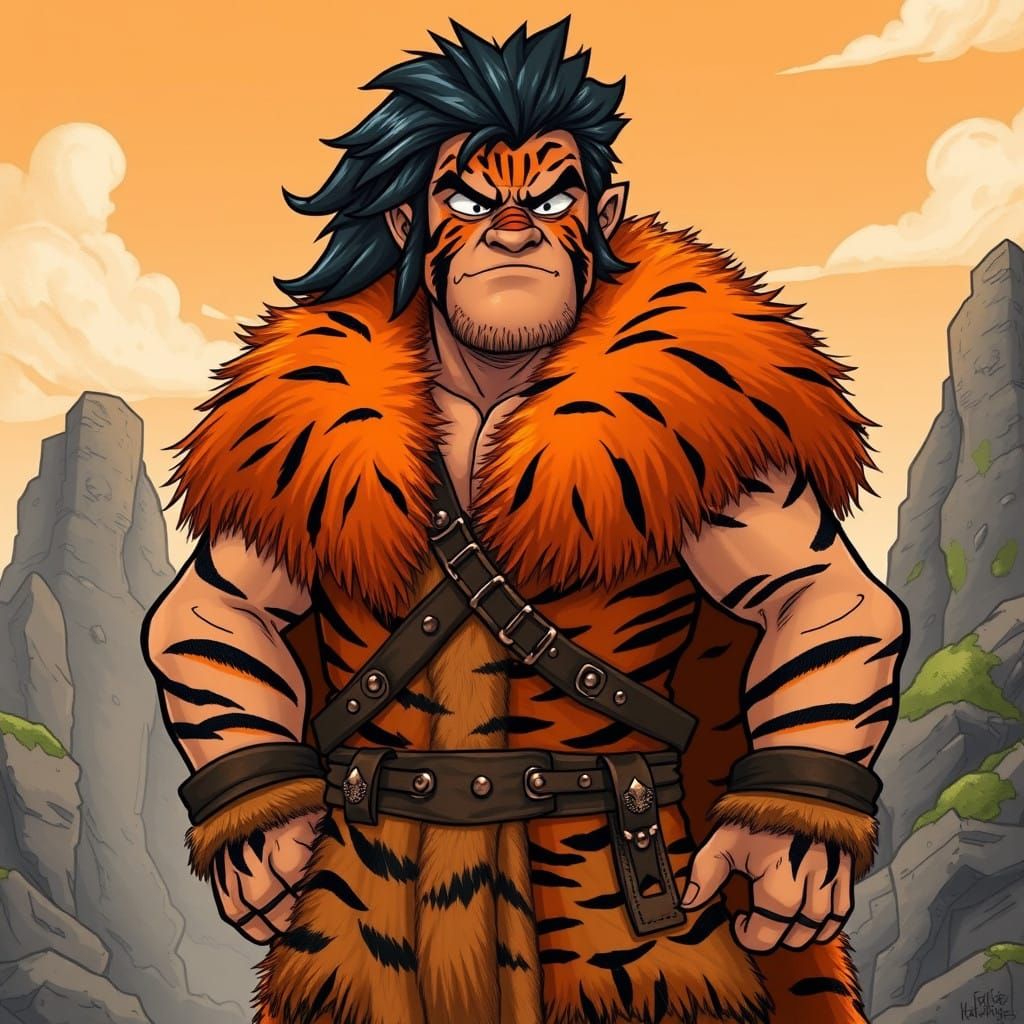 Robust Caveman in Vibrant Tiger Fur Cloak with Chibi Facial....