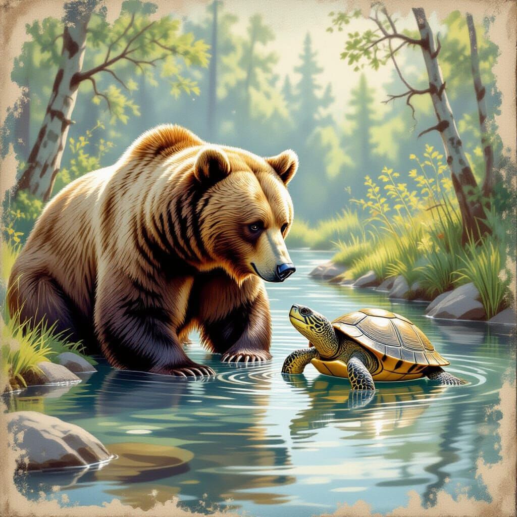 Brown Bear and Turtle Bathe Together in Spring, Antique Roma...