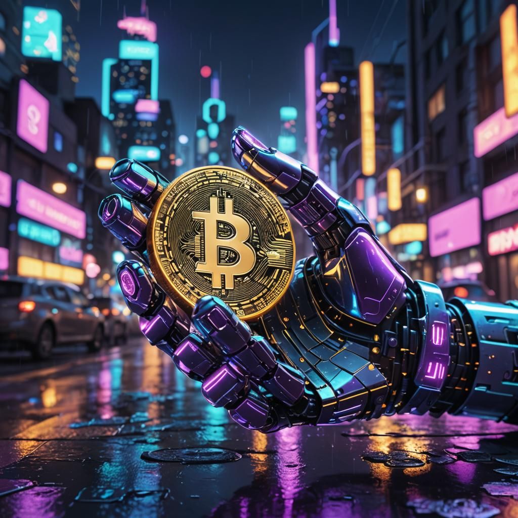 Robot Hand Holding Crypto Coin in Cyberpunk Style