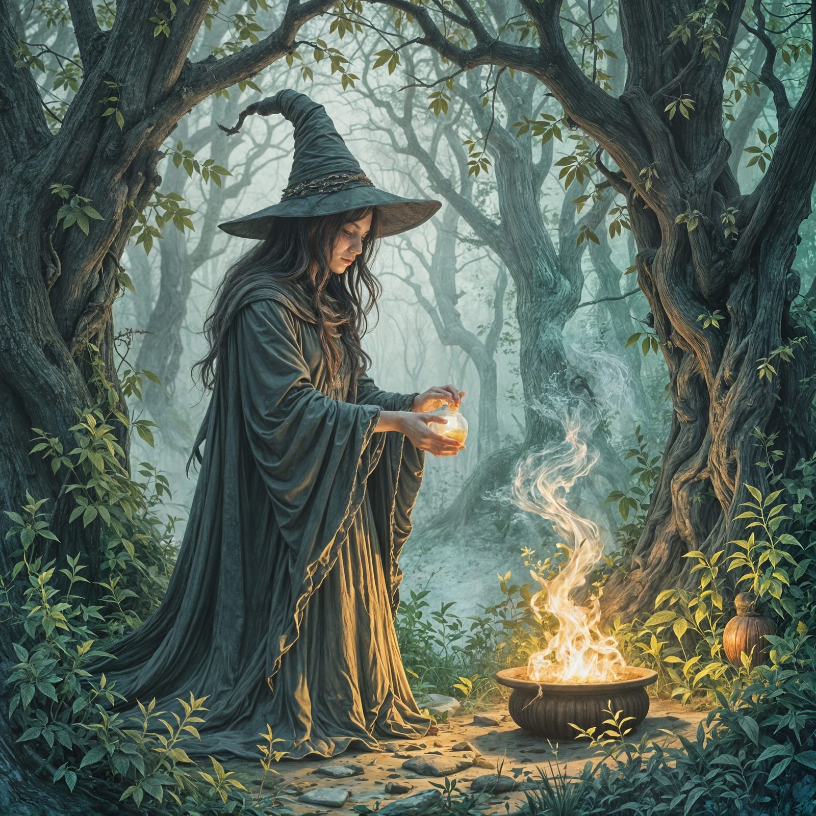 Mystical Witch Brews Potion in Hidden Grove