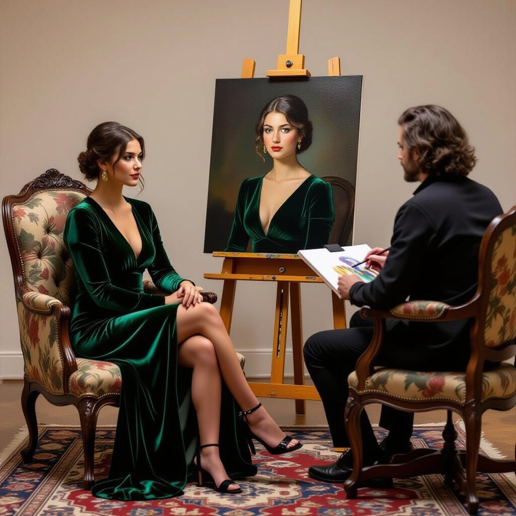 Woman in Velvet Dress Posed for Portrait Painting