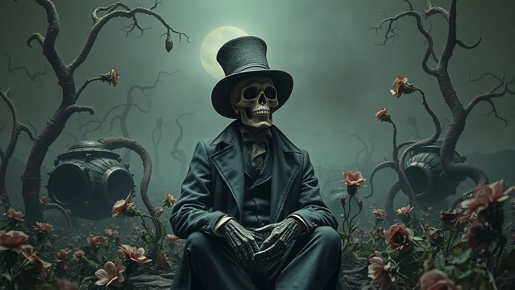 Skull Figure in Biomechanical Post-Apocalyptic Landscape