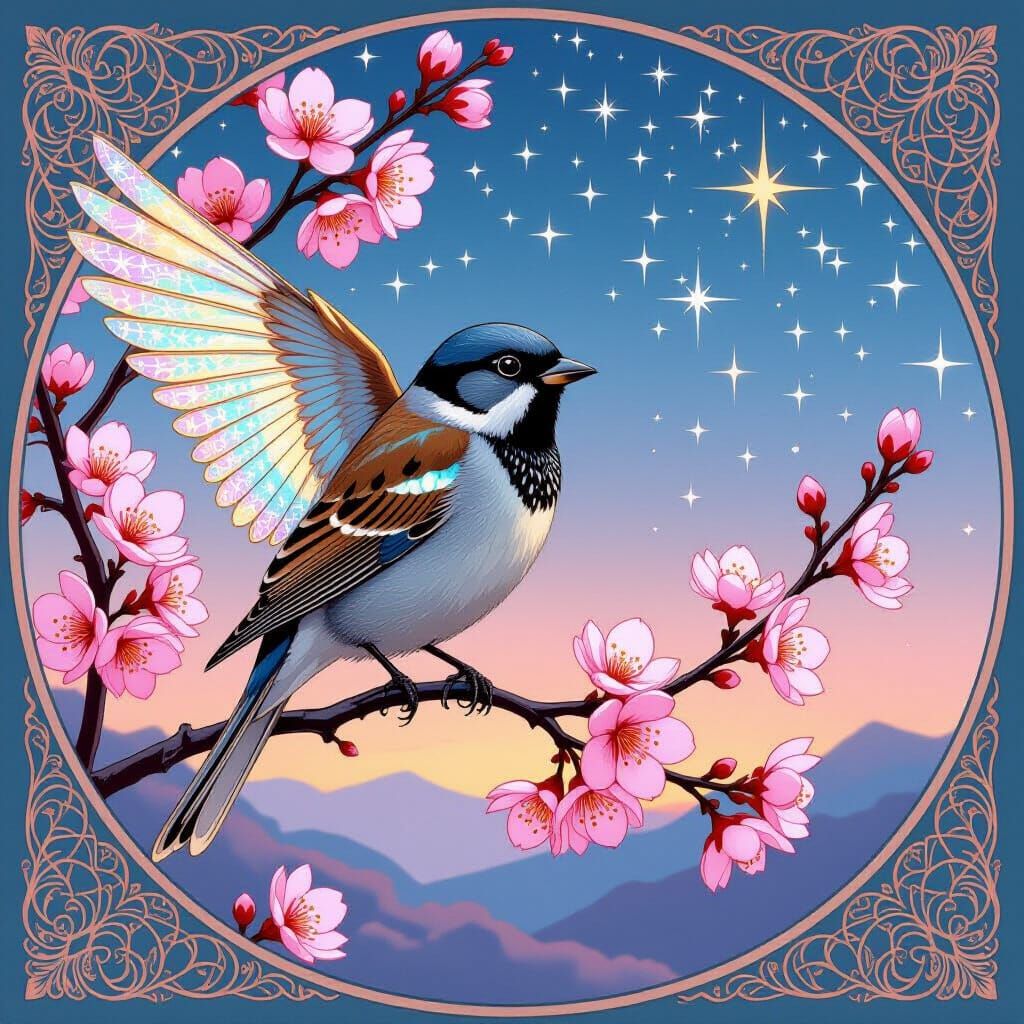 Sparrow with Constellation Wings in Art Nouveau Style