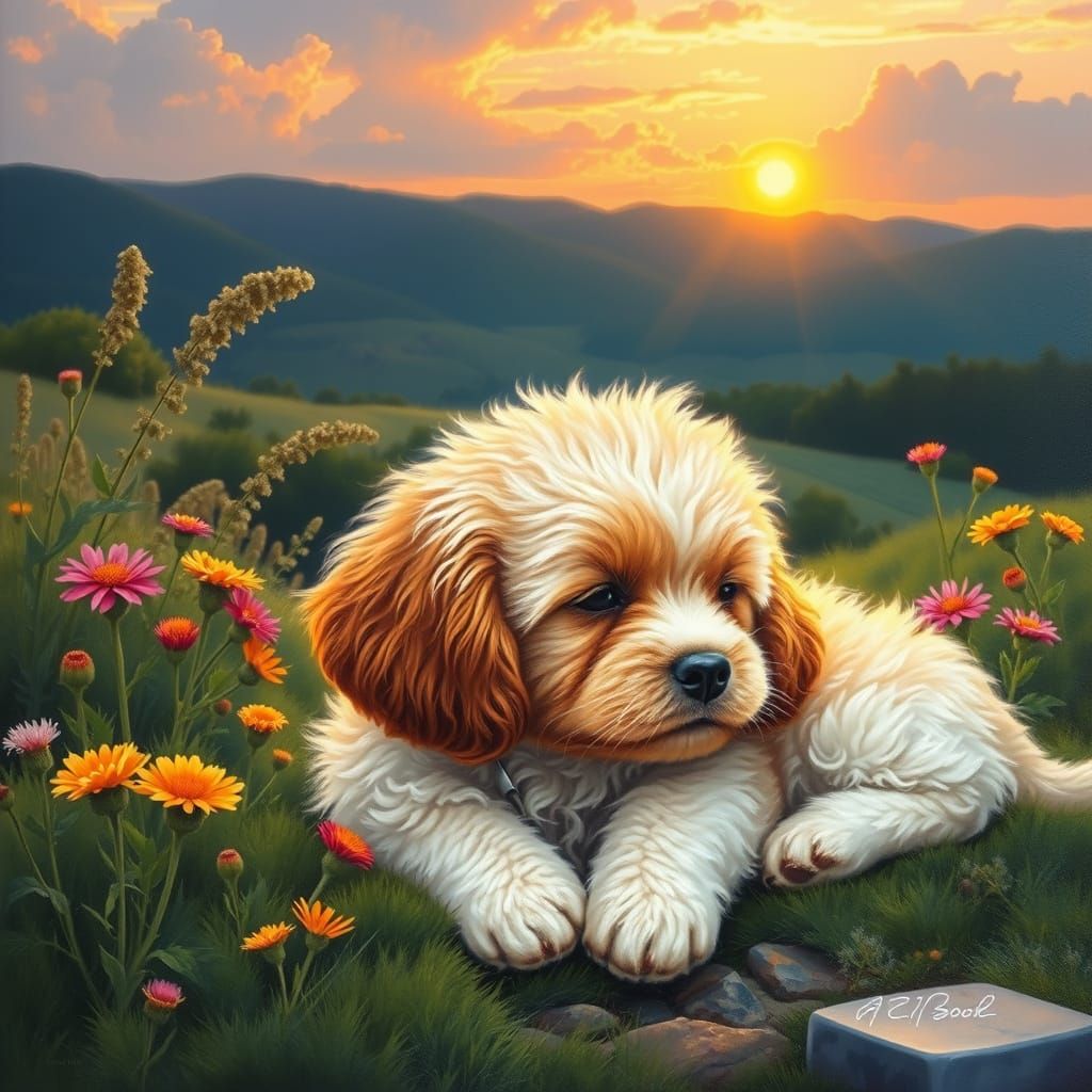 Spaniel Puppy, Flower Field, Sunset