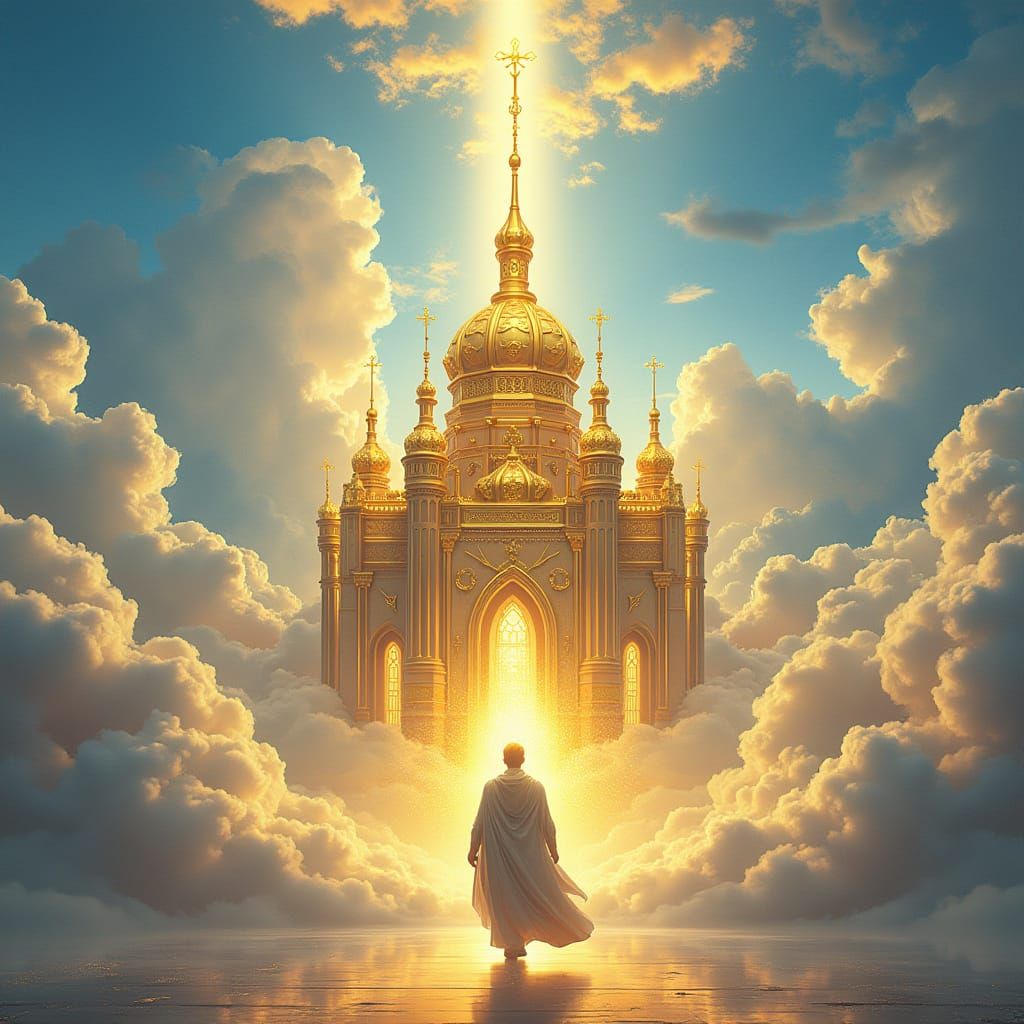 Divine Figure in Golden Temple Amidst Heavenly Clouds