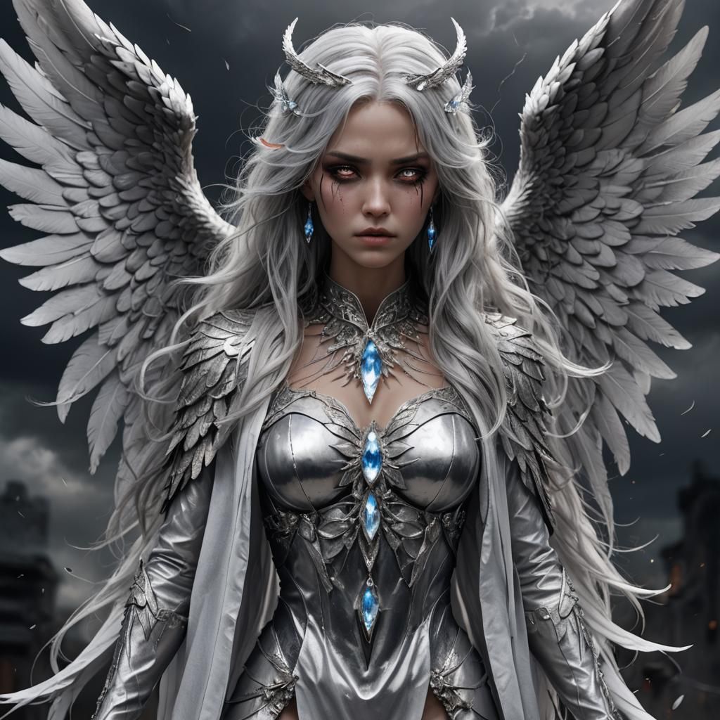 Silver-Haired Angel with Crystal Wings and Storm