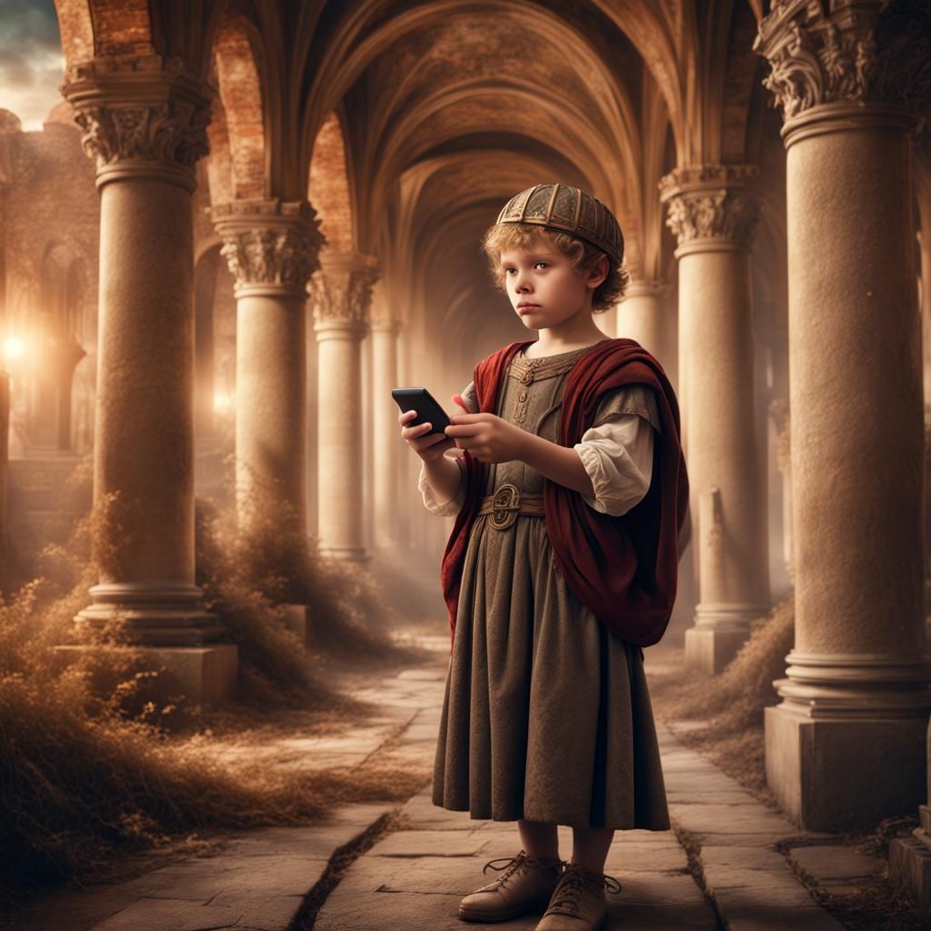 Medieval Roman Child with Smartphone: Digital Matte Painting