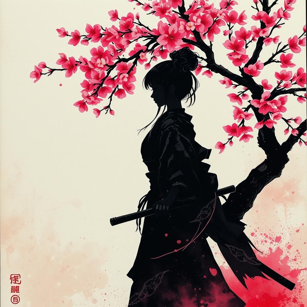 Japanese Silhouette with Cherry Blossom in Steampunk Style