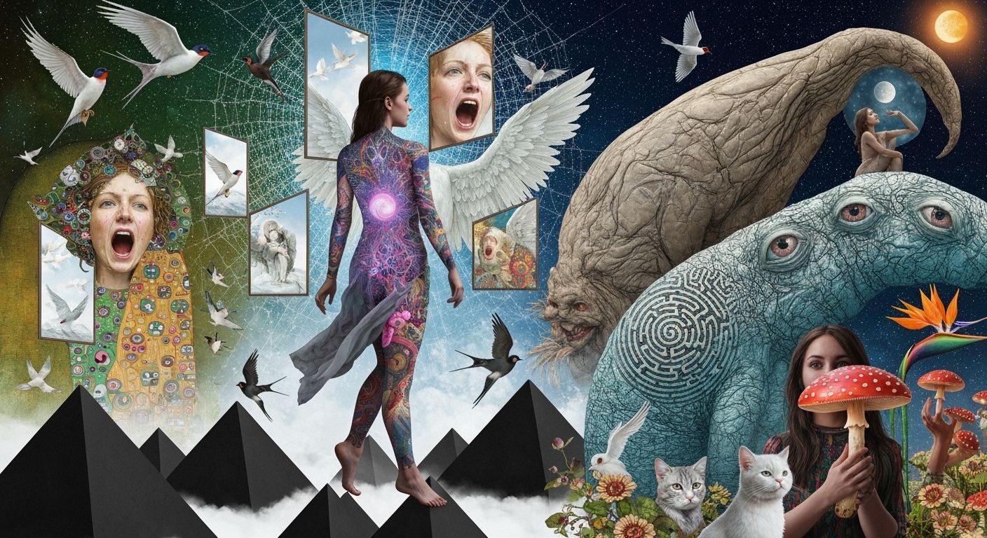 Mystical Woman on Surreal Pyramids, Dreamlike Concept Art