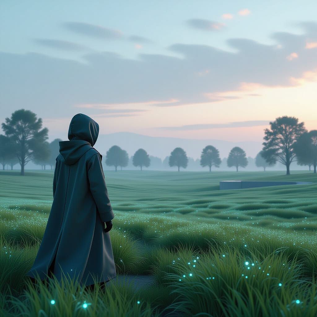 Woman in Luminous Field: Cyberpunk Dreamscape