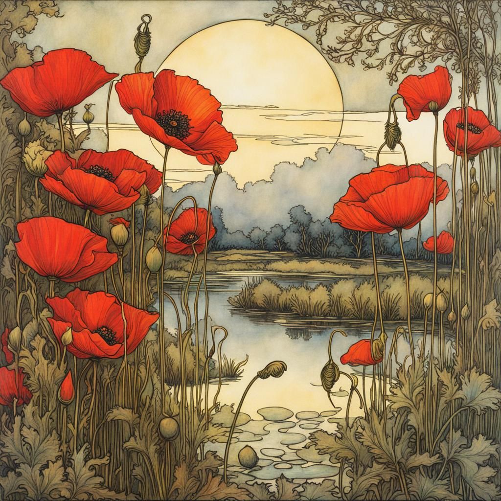 Poppies Reflected in Pond, Arthur Rackham Style
