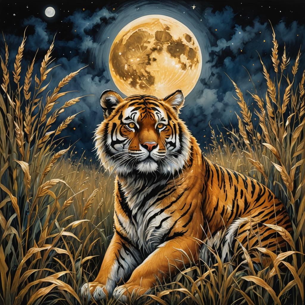 Fuzzy Tiger in Ochre Grass, Impasto Gouache Style