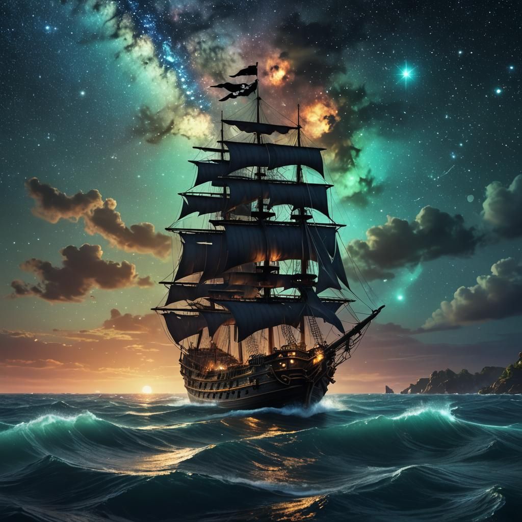 Pirate Ship Sails Bioluminescent Sea Under Galaxy